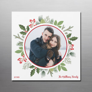 Chic Red Holly Kerstkrans Foto Magneet Kaart