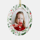 Chic Red Holly Pattern kerstfoto Holiday Keramisch Ornament (Rechts)