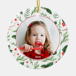 Chic Red Holly Pattern kerstfoto Holiday Keramisch Ornament