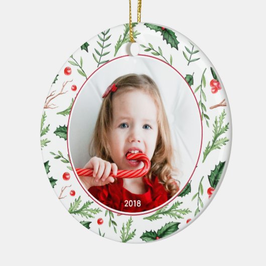 Chic Red Holly Pattern kerstfoto Holiday Keramisch Ornament (Links)