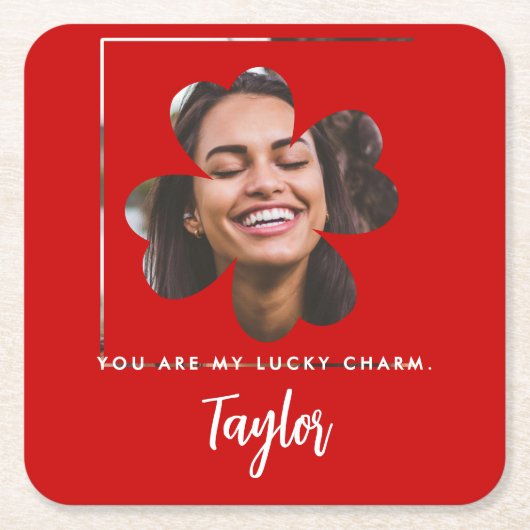  Chic Red Lucky in Love Irish Shamrock Foto Kartonnen Onderzetters (Voorkant)