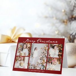 Chic Red Merry Christmas Photo Collage Folded Feestdagen Kaart