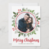 Chic Red Merry Christmas Wreath Paar Foto Feestdagenkaart (Voorkant)