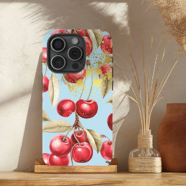 Chic Red, Pastel Blue en Gold Cherry Fruit iPhone 15 Case