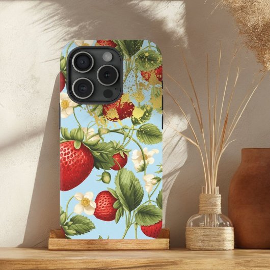 Chic Red, Pastel Blue en Goud Aardbeienfruit Case-Mate iPhone Case