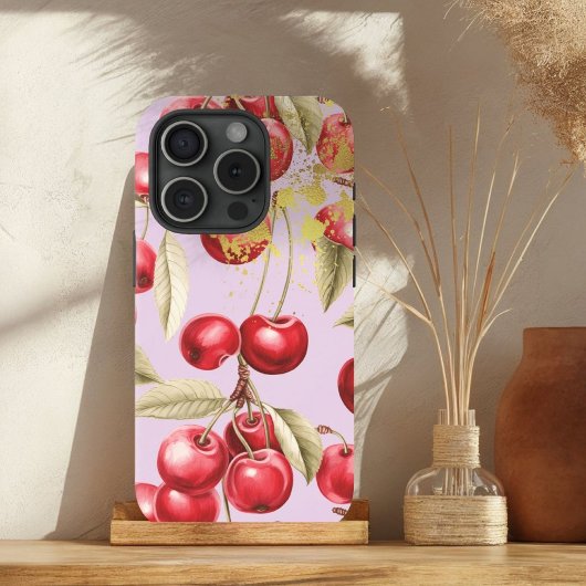 Chic Red, Pastel Mauve Cherry Fruit met Goud Case-Mate iPhone Case