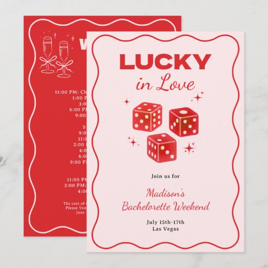 Chic Red Pink Lucky In Love Bachelorette Itinerary Kaart (Voorkant / Achterkant)