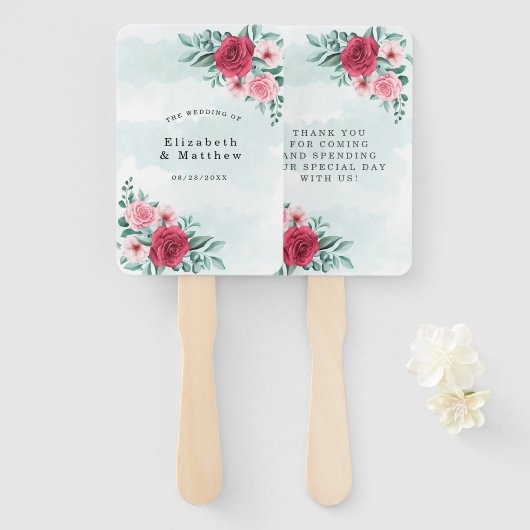 Chic Red Pink Peony Sage Foliage Weddenschap Bedan Handwaaier (Voorkant en achterkant)