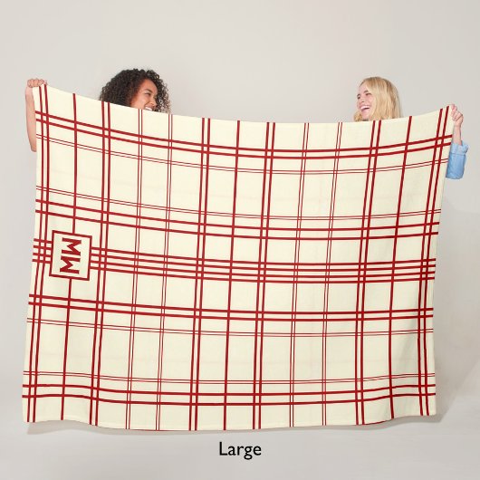 Chic red pinstripe plaid cream monogram fleece deken