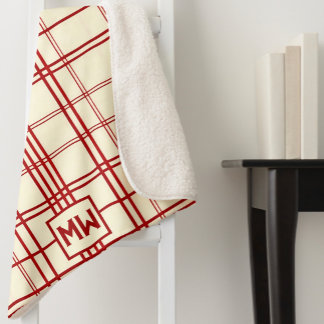 Chic red pinstripe plaid cream monogram sherpa deken