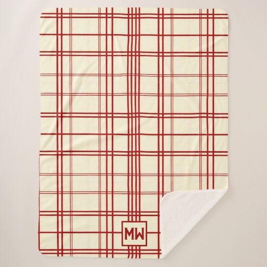 Chic red pinstripe plaid cream monogram sherpa deken (Voorkant)