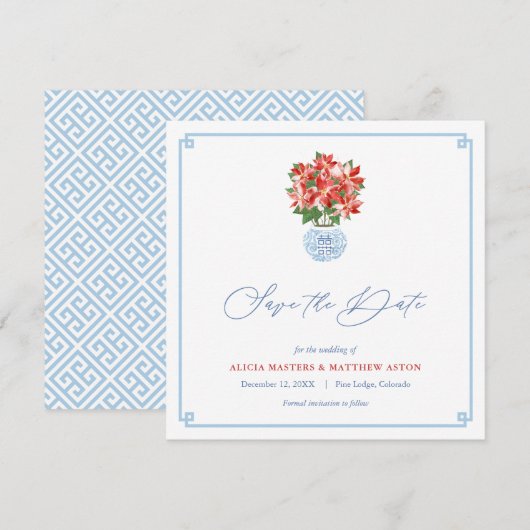 Chic Red Poinsettia Chinoiserie kerstbruiloft Save The Date (Voorkant / Achterkant)