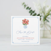 Chic Red Poinsettia Chinoiserie kerstbruiloft Save The Date (Staand voorkant)