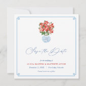 Chic Red Poinsettia Chinoiserie kerstbruiloft Save The Date (Voorkant)