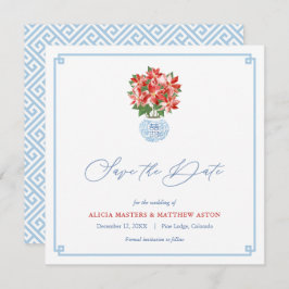 Chic Red Poinsettia Chinoiserie kerstbruiloft Save The Date
