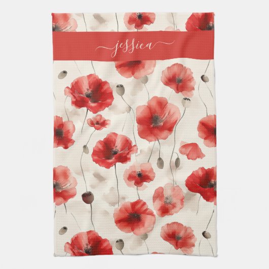 Chic red poppies script name  theedoek (Verticaal)