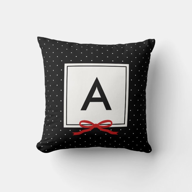 Chic Red Ribbon Black Polka Dot Pattern Monogram Kussen (Voorkant)