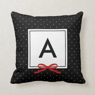 Chic Red Ribbon Black Polka Dot Pattern Monogram Kussen