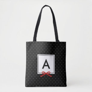 Chic Red Ribbon Black Polka Dot Pattern Monogram Tote Bag