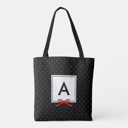 Chic Red Ribbon Black Polka Dot Pattern Monogram Tote Bag (Achterkant)