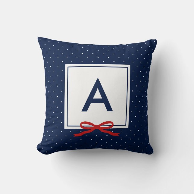 Chic Red Ribbon Blue Polka Dot Monogram Kussen (Voorkant)