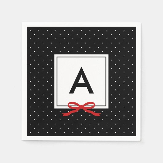 Chic Red Ribbon Zwart Polka Dot Patroon Monogram Servetten (Voorkant)