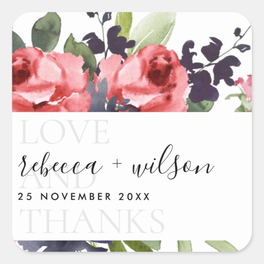 CHIC RED ROSE PEONY FLORAL LOVE AND BEDANKT WEDING VIERKANTE STICKER (Voorkant)