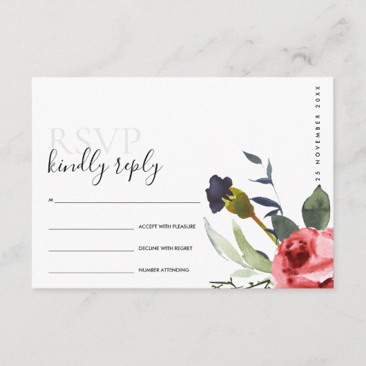 CHIC RED ROSE PEONY FLORAL WATERVERF WEDDING RSVP INFORMATIEKAARTJE (Voorkant)