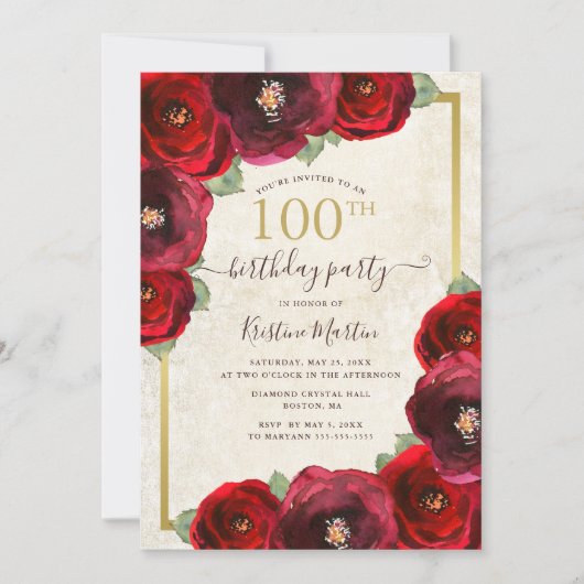 Chic Red Rose Water Floral Gold 100th Birthday Kaart (Voorkant)