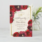 Chic Red Rose Waterverf Floral Gold 18e Verjaardag Kaart (Staand voorkant)