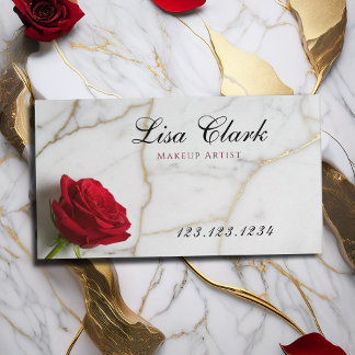 Chic Red Rose White Marble Gold Vein Makeup Artist Visitekaartje