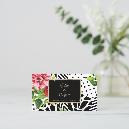 Chic Red Rose Zwart Geometrisch Goud Lijst Salon Visitekaartje (Staand voorkant)