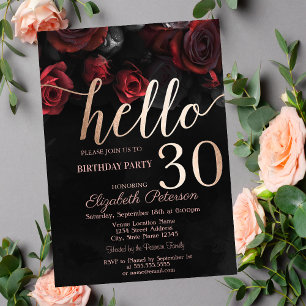 Chic Red Roses Black 30th Birthday Party Kaart