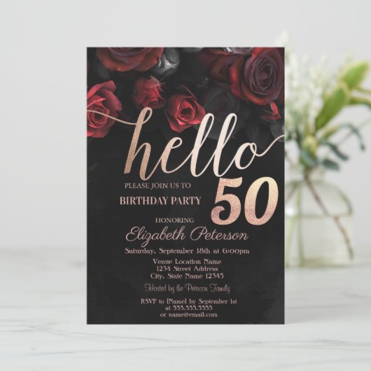 Chic Red Roses Black 50th Birthday Party Kaart (Staand voorkant)