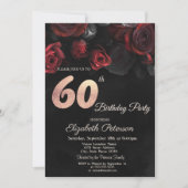 Chic Red Roses Black 60th Birthday Invitation Kaart (Voorkant)