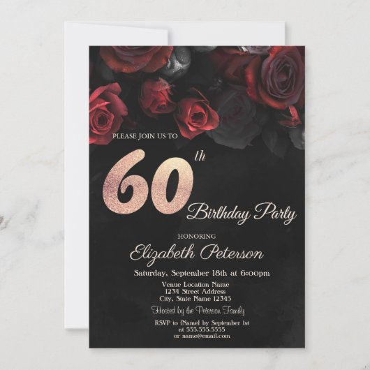 Chic Red Roses Black 60th Birthday Invitation Kaart (Voorkant)