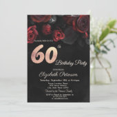 Chic Red Roses Black 60th Birthday Invitation Kaart (Staand voorkant)