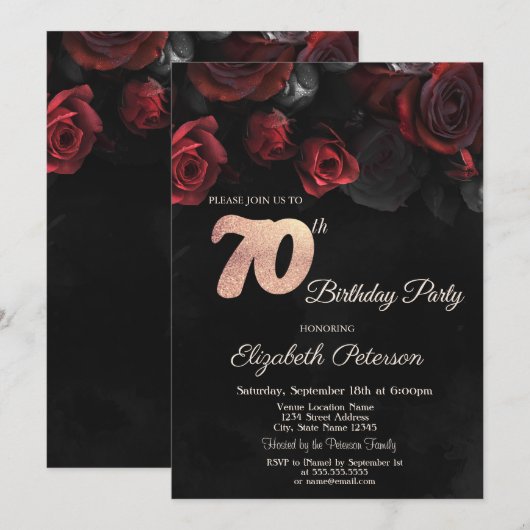 Chic Red Roses Black 70th Birthday Party Kaart (Voorkant / Achterkant)