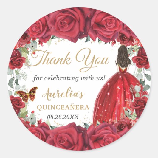 Chic Red Roses Bloemen Vlinders Prinses Favoriet Ronde Sticker (Voorkant)