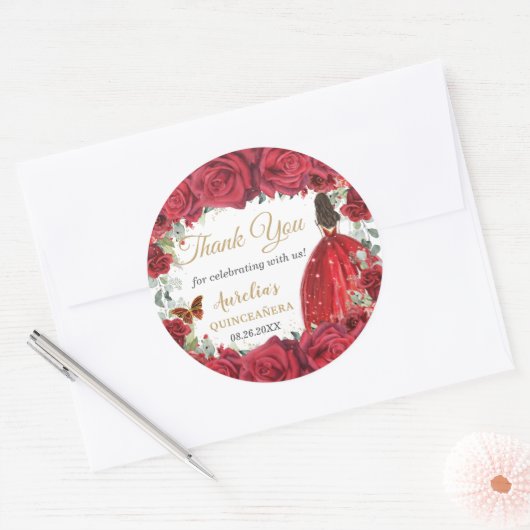 Chic Red Roses Bloemen Vlinders Prinses Favoriet Ronde Sticker (Envelop)