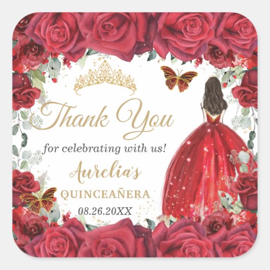 Chic Red Roses Bloemen Vlinders Prinses Favoriet Vierkante Sticker (Voorkant)
