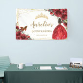 Chic Red Roses Floral Quinceañera Welkomstachtergr Spandoek (Beurs)