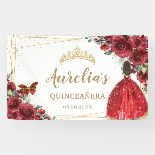 Chic Red Roses Floral Quinceañera Welkomstachtergr Spandoek (Horizontaal)