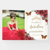 Chic Red Roses Floral Quinceañera Welkomstachtergr Spandoek (Horizontaal)