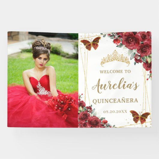 Chic Red Roses Floral Quinceañera Welkomstachtergr Spandoek (Horizontaal)