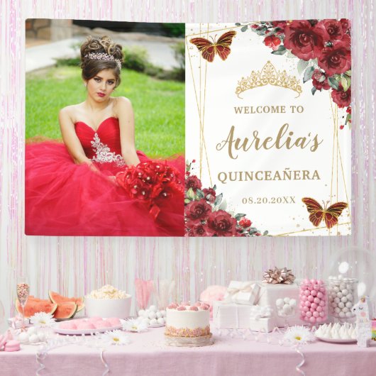 Chic Red Roses Floral Quinceañera Welkomstachtergr Spandoek (Feest)