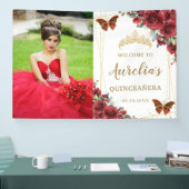 Chic Red Roses Floral Quinceañera Welkomstachtergr Spandoek (Beurs)