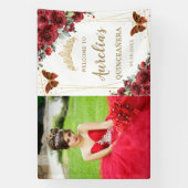 Chic Red Roses Floral Quinceañera Welkomstachtergr Spandoek (Verticaal)