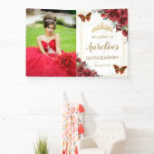 Chic Red Roses Floral Quinceañera Welkomstachtergr Spandoek (Insitu)