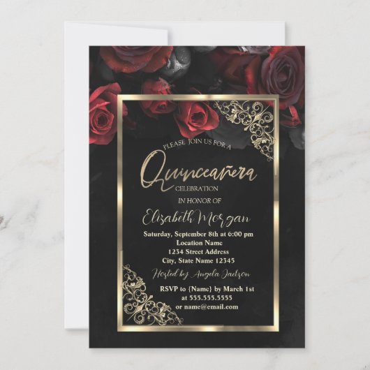 Chic Red Roses Gold Lijst Black Quinceañera Kaart (Voorkant)